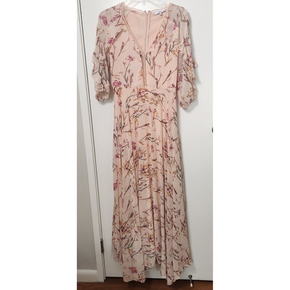 Jenn Maxi Dress Peach Floral Peep V-Neck Puffy Sheer Ruffle Sleeves Chiffon Sm